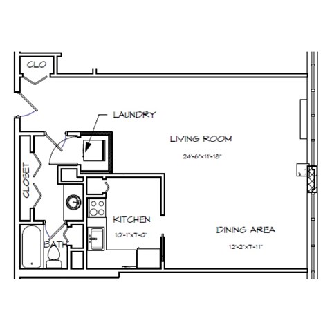 A floor plan of a small apartment with a living room, kitchen, and dining area.